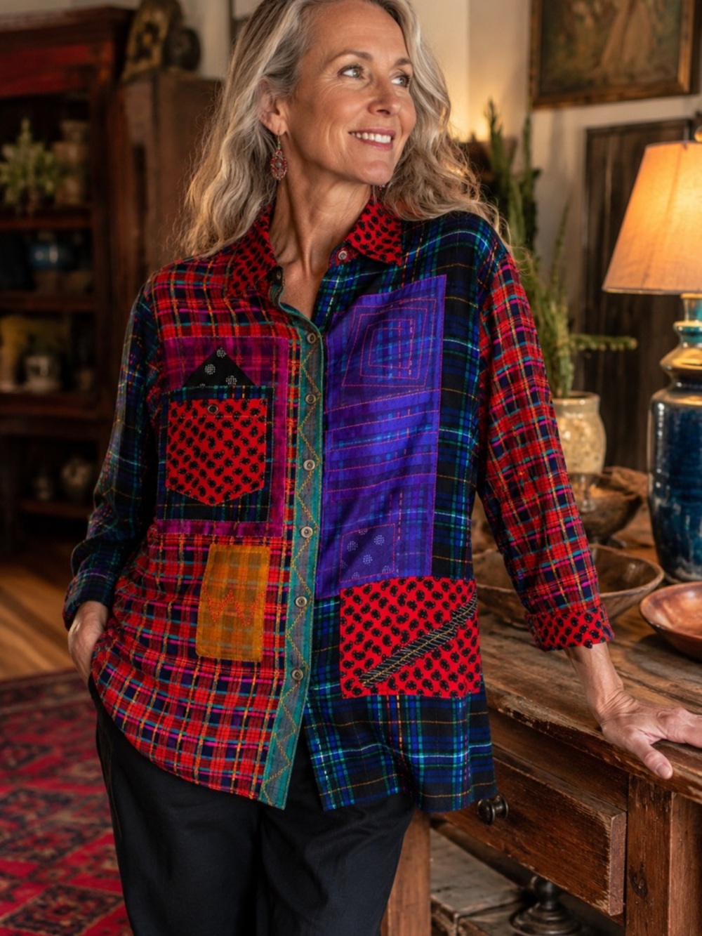 Vintage Carole Little Sport Patchwork Plaid Paisley Tunic Shirt Womens L
